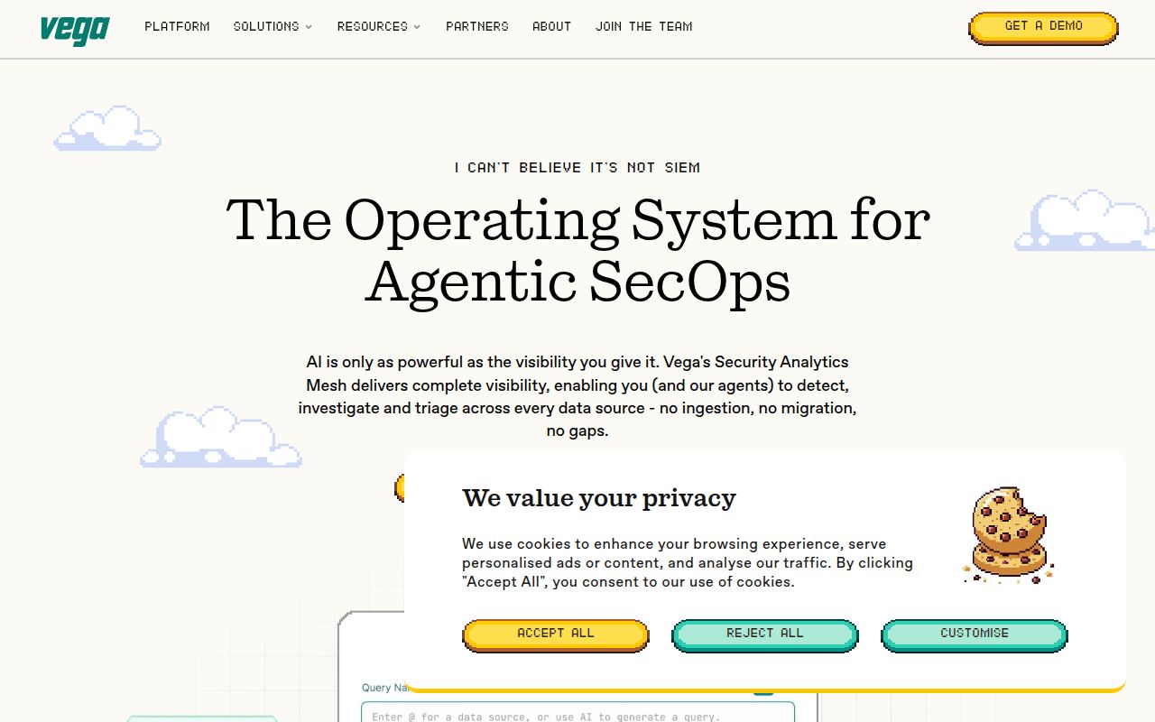Screenshot of Vega (vega.io) — AI-native security analytics