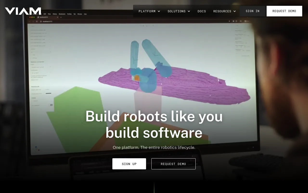 Screenshot of Viam (viam.com) — Unlock data &amp; AI for the physical world