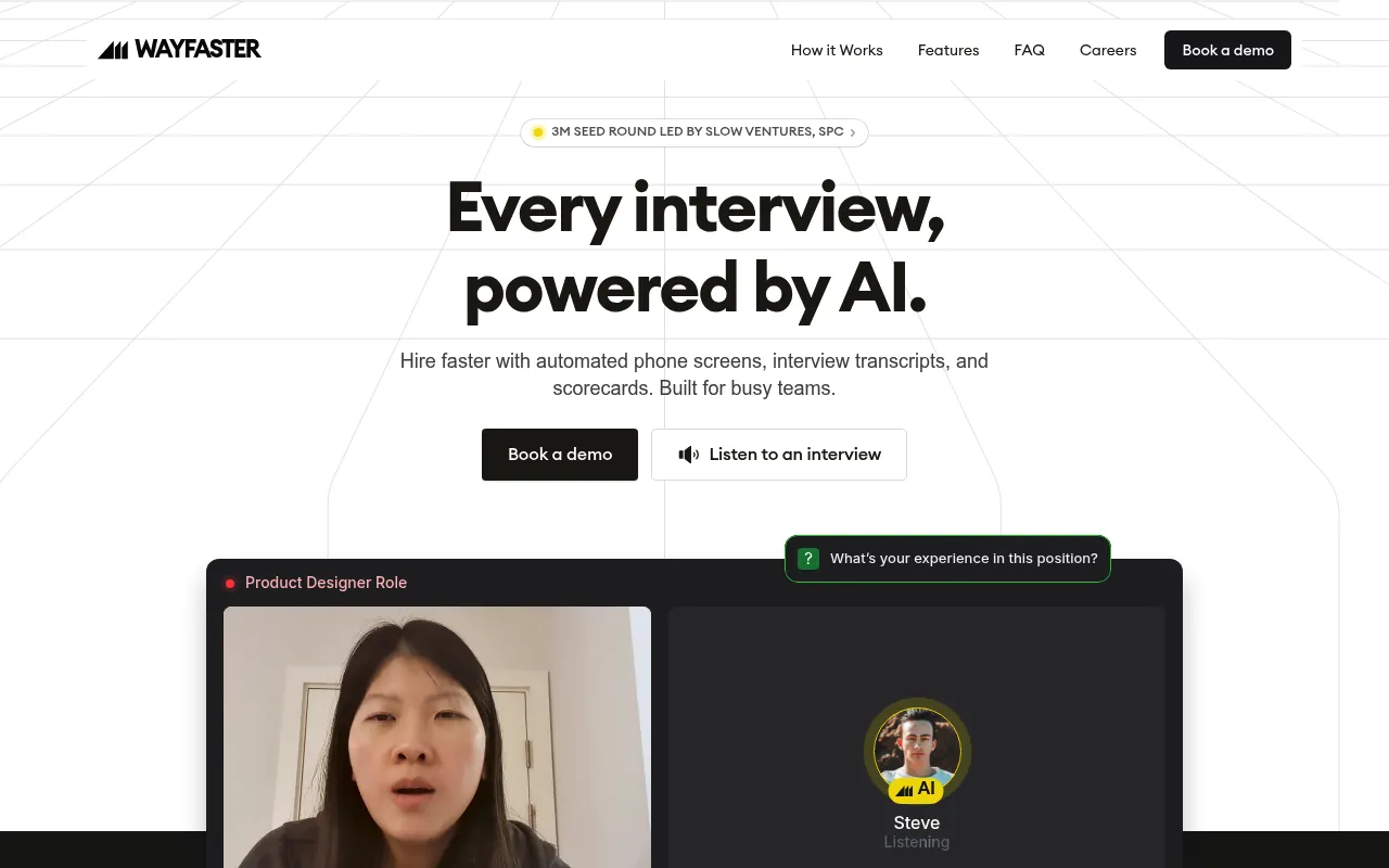 Screenshot of Wayfaster (wayfaster.com) — Human-like interviews with AI