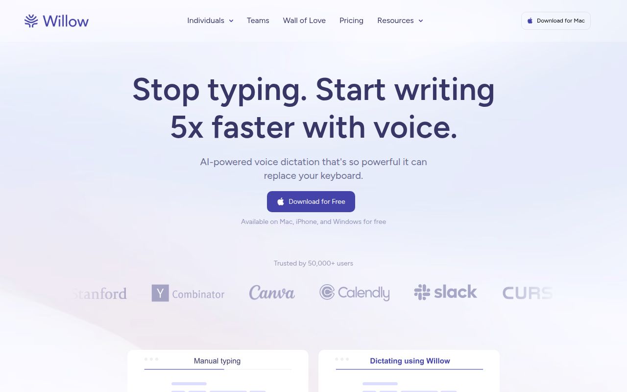 Screenshot of Willow (willowvoice.com) — Write 4X faster with voice dictation