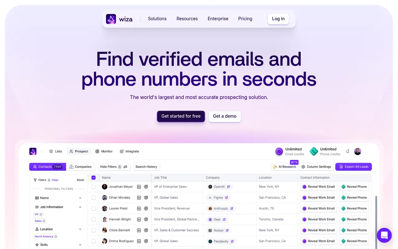Screenshot of Wiza (wiza.co) — The future of prospecting