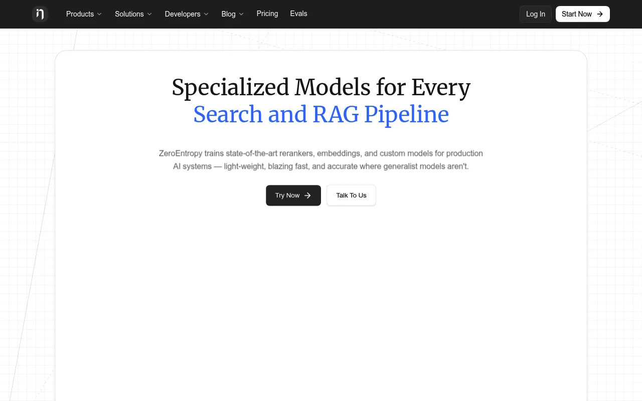 Screenshot of ZeroEntropy (zeroentropy.dev) — World-class agentic retrieval on autopilot